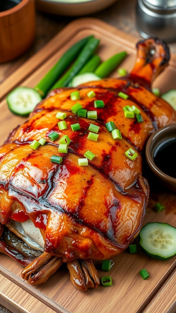 Chinese 5 Spice Roast Duck Recipe A roasted duck with crispy skin garnished with green onions, served with cucumber slices and soy sauce.